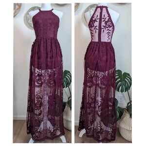 NWT Honey Belle Floral Lace Halter Maxi Romper Maroon Small